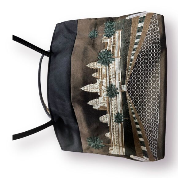 Elegant Embroidered Black Tote Bag with Unique Buildings and Trees Fairycore - Picture 4 of 4